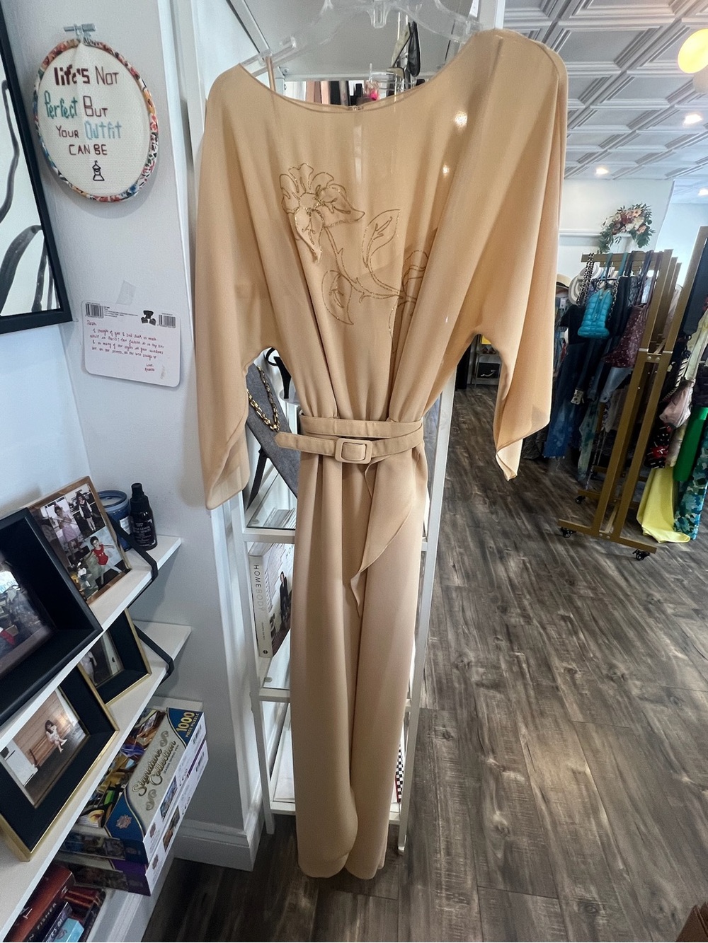 Vintage nude Cream Belted Slip Dress with Floral Embroidery